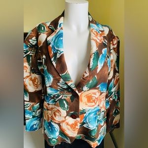 Zara Floral Short Blazer bright Orange & Blue Roses Pattern double collar US 10